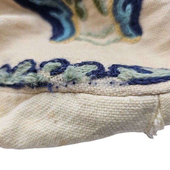 Vintage Handmade Crewel Embroidery Round Pillow Cover 12" Blue Thistle Design - Picture 9 of 14